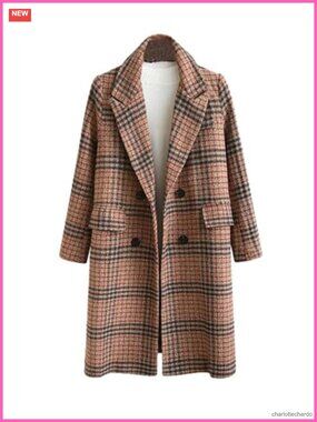 Women's Plaid Trench Coat Oversize Double Breasted Lapel Pea Coat